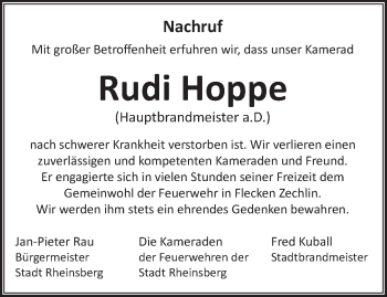 Traueranzeige von Rudi Hoppe von Märkische Oderzeitung