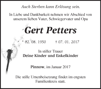 Traueranzeige von Gert Petters von Märkische Oderzeitung