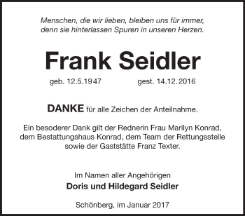 Traueranzeige von Frank Seidler von Märkische Oderzeitung