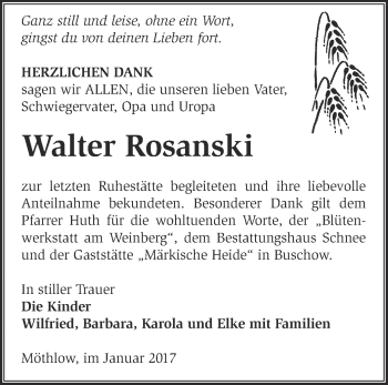 Traueranzeige von Walter Rosanski von Märkische Oderzeitung