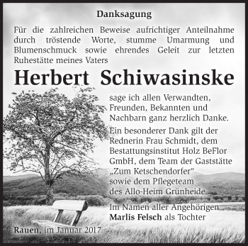 Traueranzeige von Herbert Schiwasinske von Märkische Oderzeitung