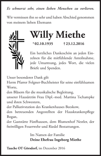 Traueranzeige von Willy Miethe von Märkische Oderzeitung