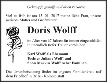 Traueranzeige von Doris Wolff von Märkische Oderzeitung