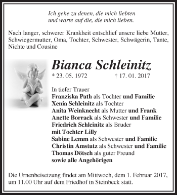 Traueranzeige von Bianca Schleinitz von Märkische Oderzeitung