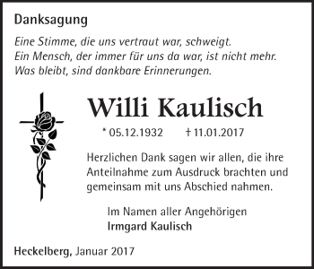 Traueranzeige von Willi Kaulisch von Märkische Oderzeitung