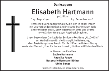 Traueranzeige von Elisabeth Hartmann von Märkische Oderzeitung