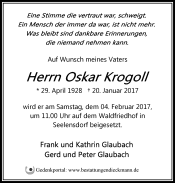 Traueranzeige von Oskar Krogoll von Märkische Oderzeitung