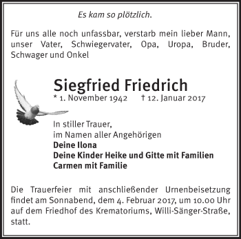 Traueranzeige von Siegfried Friedrich von Märkische Oderzeitung