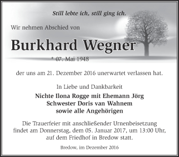 Traueranzeige von Burkhard Wegner von Märkische Oderzeitung