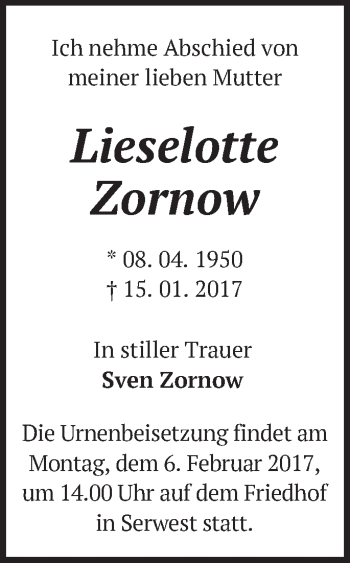 Traueranzeige von Lieselotte Zornow von Märkische Oderzeitung