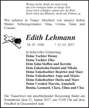 Traueranzeige von Edith Lehmann von Märkische Oderzeitung