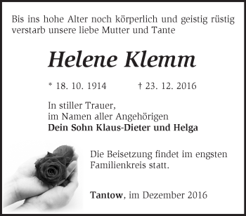 Traueranzeige von Helene Klemm von Märkische Oderzeitung