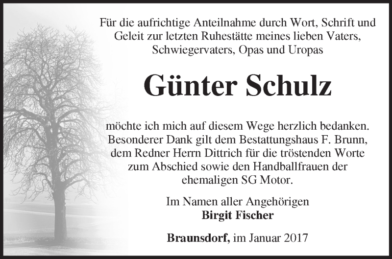  Traueranzeige für Günter Schulz vom 21.01.2017 aus Märkische Oderzeitung