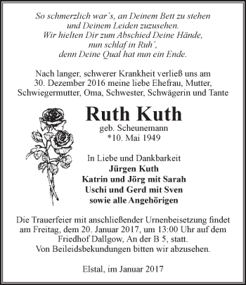 Traueranzeige von Ruth Kuth von Märkische Oderzeitung