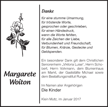 Traueranzeige von Margarete Woiton von Märkische Oderzeitung