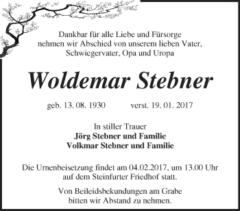 Traueranzeige von Woldemar Stebner von Märkische Oderzeitung