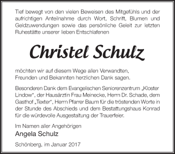 Traueranzeige von Christel Schulz von Märkische Oderzeitung