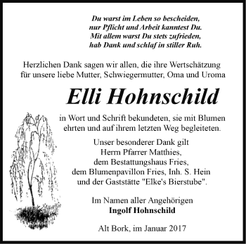 Traueranzeige von Elli Hohnschild von Märkische Oderzeitung