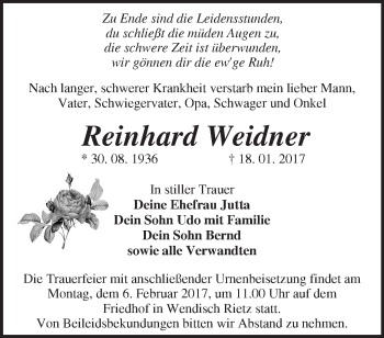 Traueranzeige von Reinhard Weidner von Märkische Oderzeitung