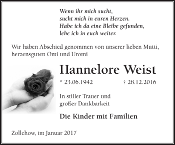 Traueranzeige von Hannelore Weist von Märkische Oderzeitung