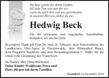 Traueranzeige von Hedwig Beck von Märkische Oderzeitung