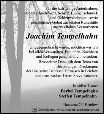 Traueranzeige von Joachim Tempelhahn von Märkische Oderzeitung