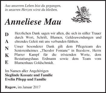 Traueranzeige von Anneliese Mau von Märkische Oderzeitung