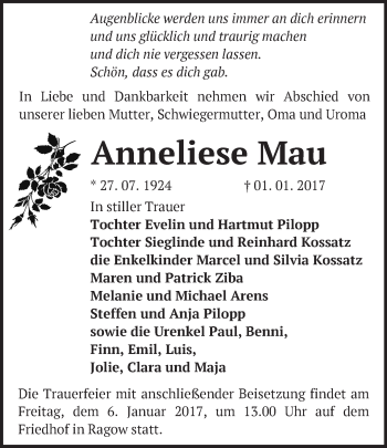 Traueranzeige von Anneliese Mau von Märkische Oderzeitung