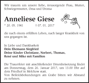 Traueranzeige von Anneliese Giese von Märkische Oderzeitung