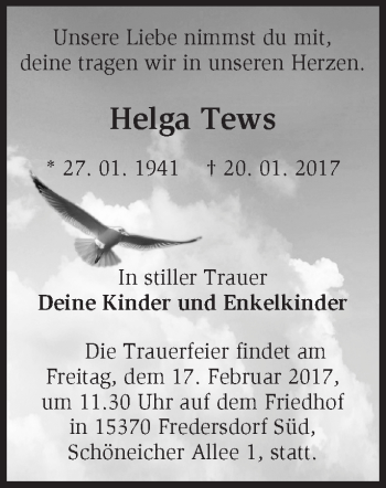 Traueranzeige von Helga Tews von Märkische Oderzeitung