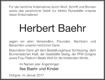 Traueranzeige von Herbert Baehr von Märkische Oderzeitung