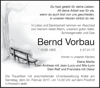 Traueranzeige von Bernd Vorbau von Märkische Oderzeitung