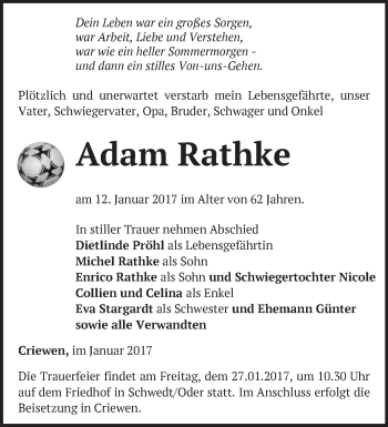 Traueranzeige von Adam Rathke von Märkische Oderzeitung