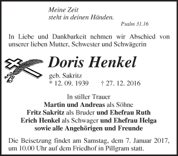 Traueranzeige von Doris Henkel von Märkische Oderzeitung