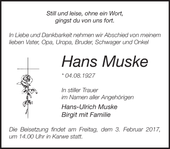 Traueranzeige von Hans Muske von Märkische Oderzeitung