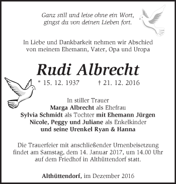 Traueranzeige von Rudi Albrecht von Märkische Oderzeitung