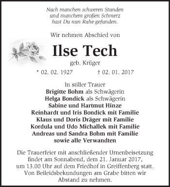 Traueranzeige von Ilse Tech von Märkische Oderzeitung