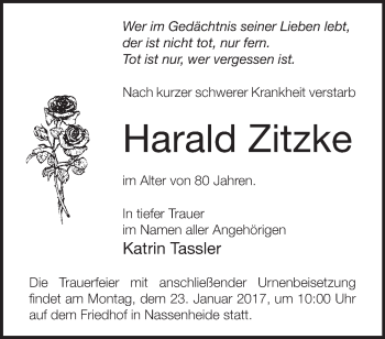 Traueranzeige von Harald Zitzke von Märkische Oderzeitung