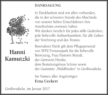 Traueranzeige von Hanni Kamutzki von Märkische Oderzeitung