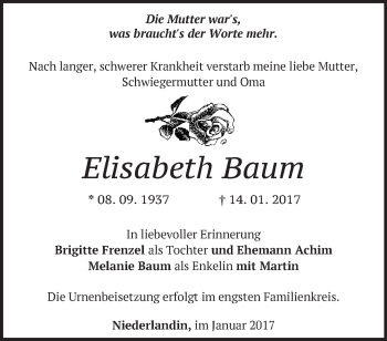 Traueranzeige von Elisabeth Baum von Märkische Oderzeitung