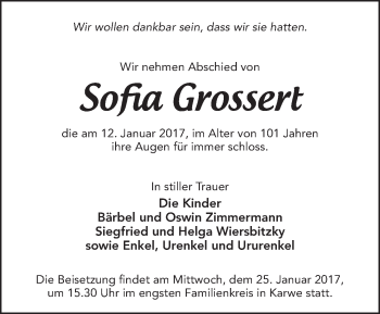 Traueranzeige von Sofia Grossert von Märkische Oderzeitung