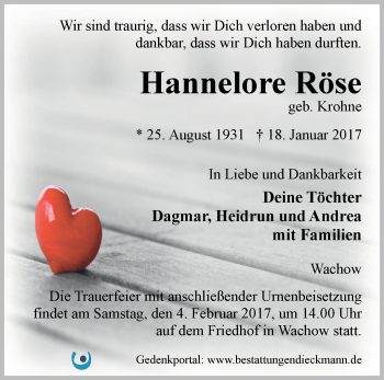 Traueranzeige von Hannelore Röse von Märkische Oderzeitung