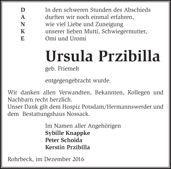 Traueranzeige von Ursula Przibilla von Märkische Oderzeitung