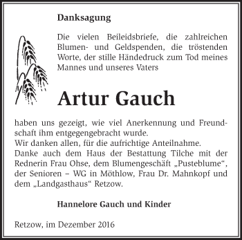 Traueranzeige von Artur Gauch von Märkische Oderzeitung