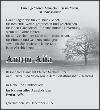 Traueranzeige von Anton Affa von Märkische Oderzeitung