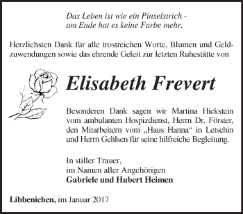 Traueranzeige von Elisabeth Frevert von Märkische Oderzeitung