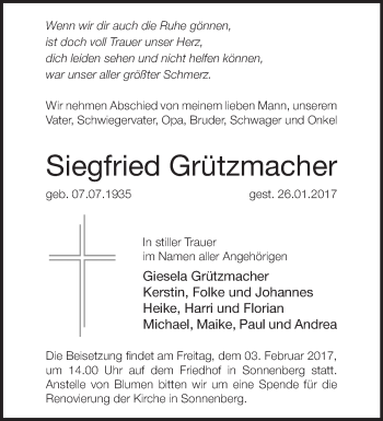 Traueranzeige von Siegfried Grützmacher von Märkische Oderzeitung