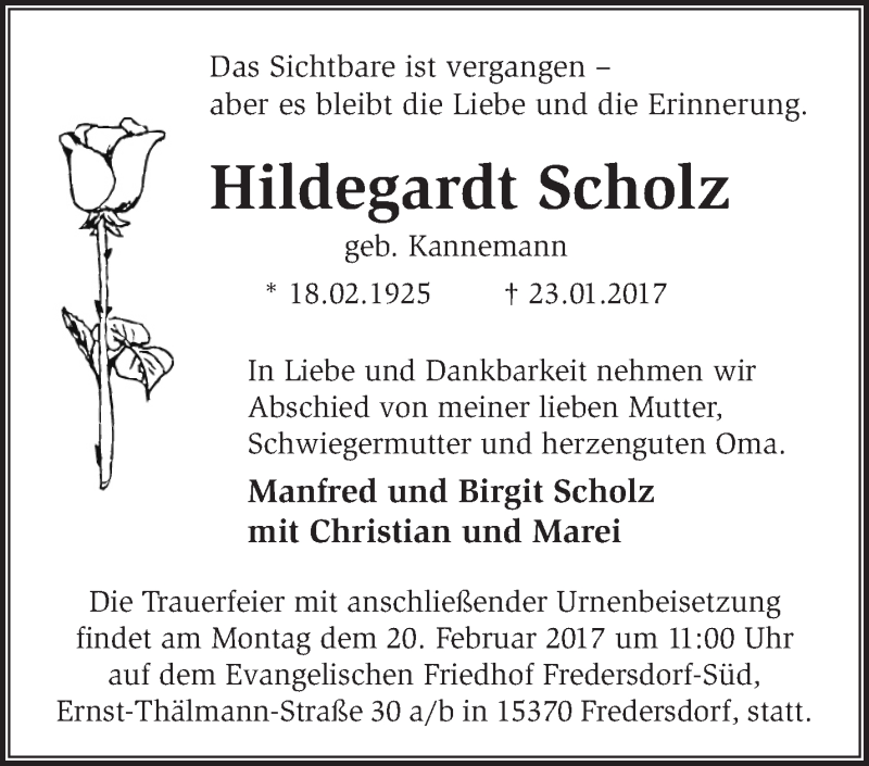  Traueranzeige für Hildegardt Scholz vom 30.01.2017 aus Märkische Oderzeitung