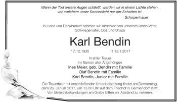 Traueranzeige von Karl Bendin von Märkische Oderzeitung