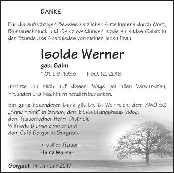 Traueranzeige von Isolde Werner von Märkische Oderzeitung